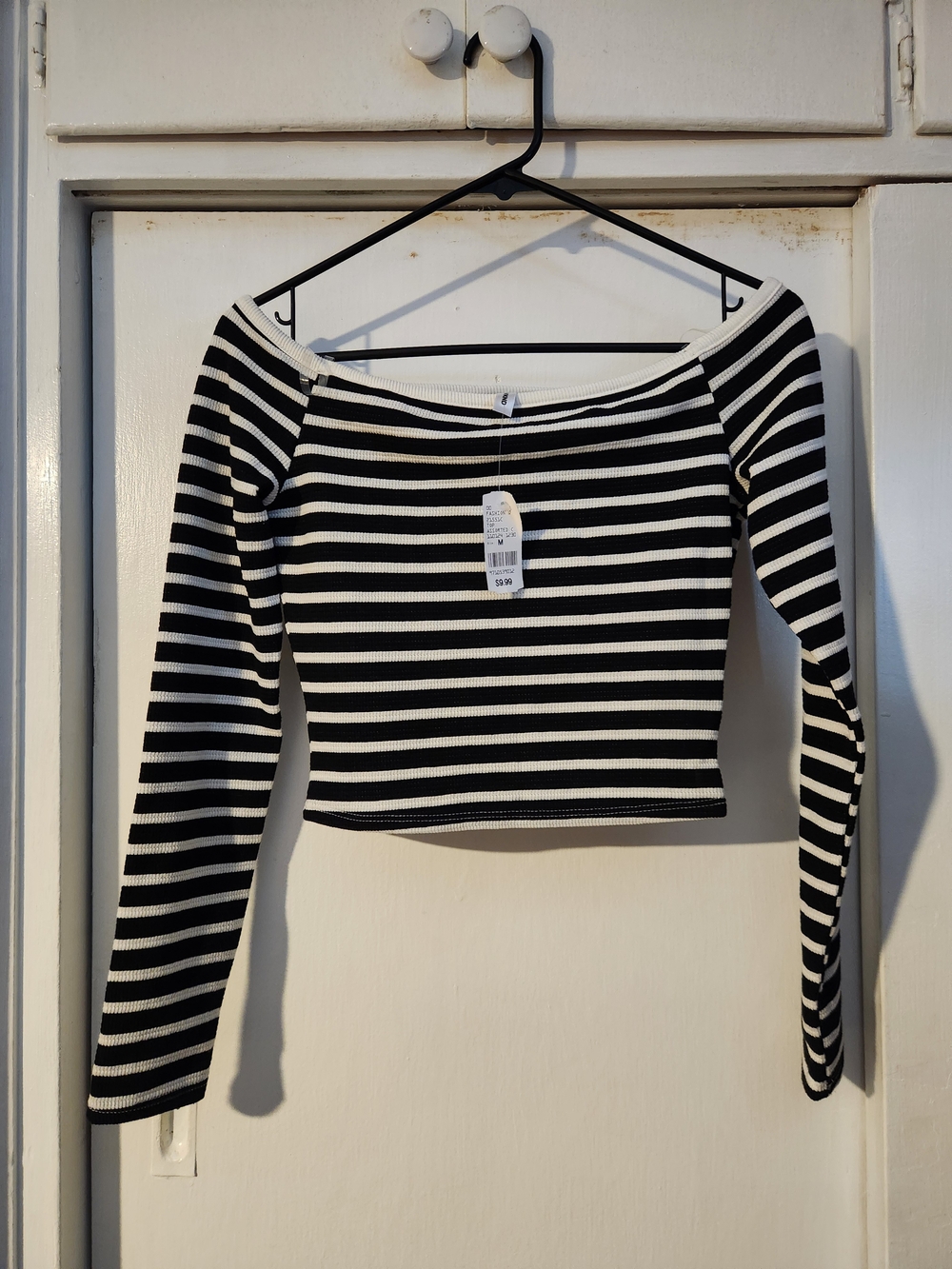 Womens Black & White Striped Off-Shoulder Crop Top